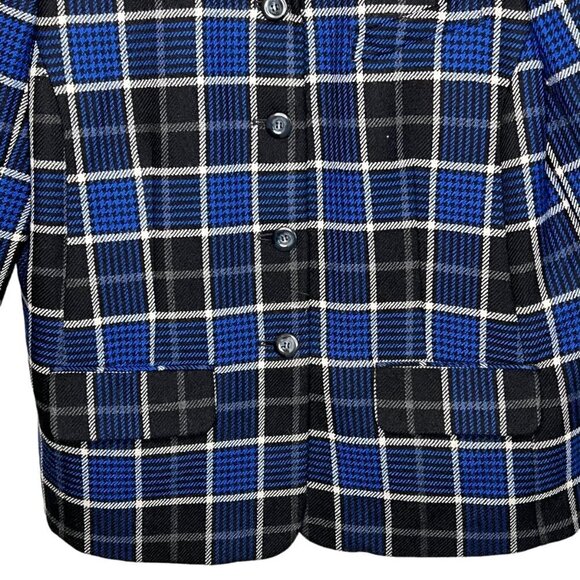 Y2K Rena Rowan Wool Tartan Plaid Button Blazer Size 18W Blue Black Shoulder Pads - Picture 6 of 16